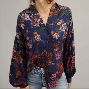 Pilcro and the Letterpress Floral Button Down Shirt - Blue and Pink